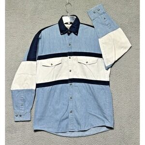 Vintage Express Riders Shirt Mens Medium Blue Denim Western Snap Colorblock